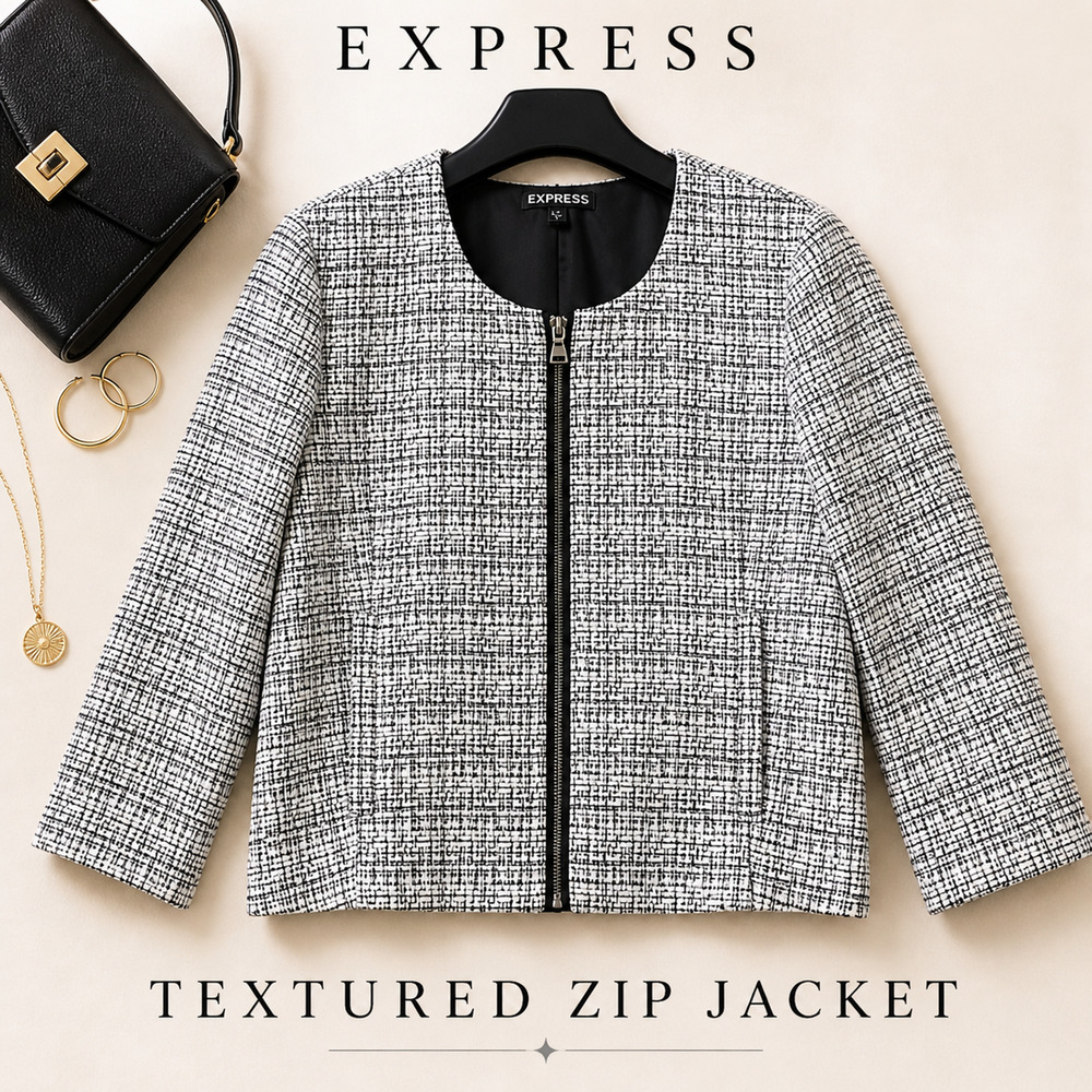 Express Textured Zip Front Jacket Blazer Black White Size Small